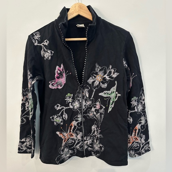 Jess & Jane Jackets & Blazers - Jess & Jane Floral Bedazzled Rhinestone Full Zip Butterfly & Flower Jacket